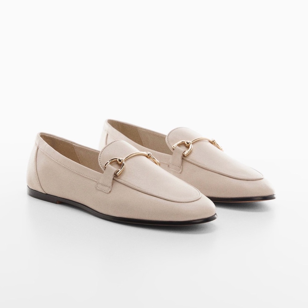 Mango Beige Leather Loafers with Gold Horsebit